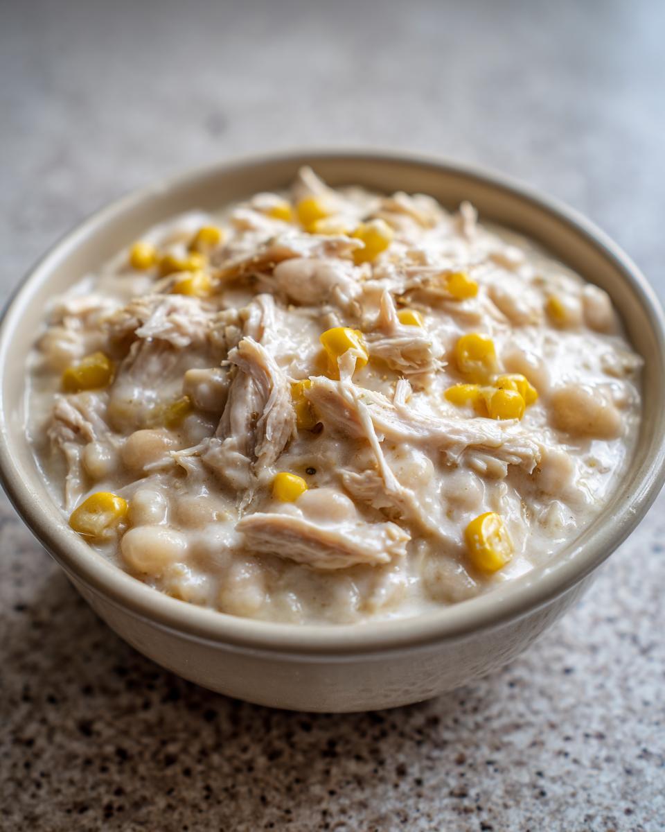 Close-up of a bowl filled with creamy white bean and shredded chicken chili, topped with bright yellow corn kernels.