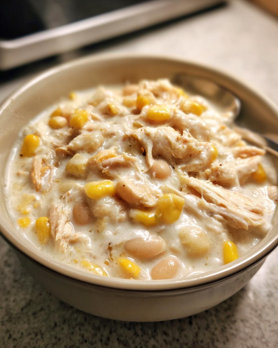 Close-up of a hearty bowl of creamy white cream cheese chicken chili, featuring shredded chicken, white beans, and bright yellow corn kernels.