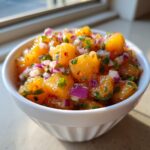 Close-up of vibrant peach salsa featuring diced orange peaches, purple red onion, and green herbs in a white bowl.