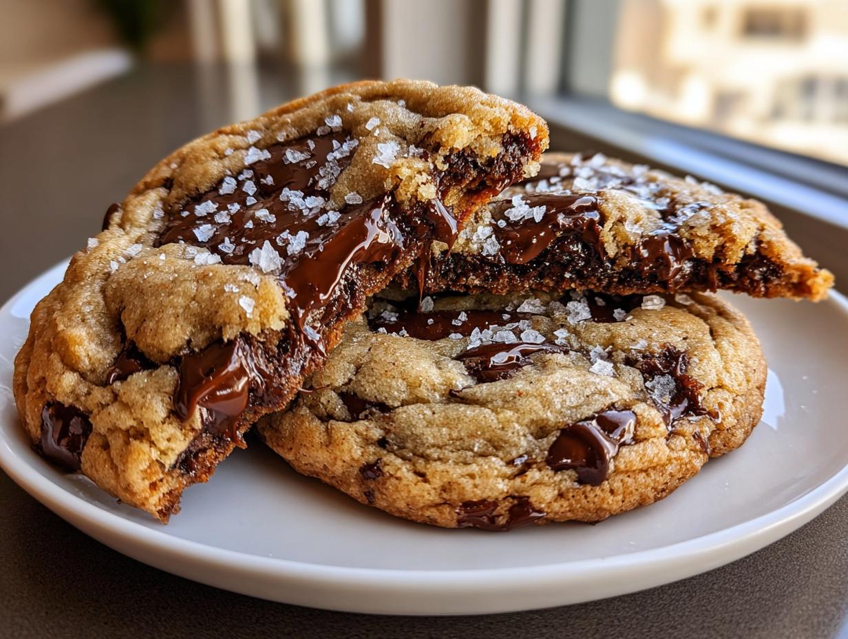 Close-up of gooey brown butter chocolate chip cookies, broken open to show melted chocolate and sea salt flakes.
