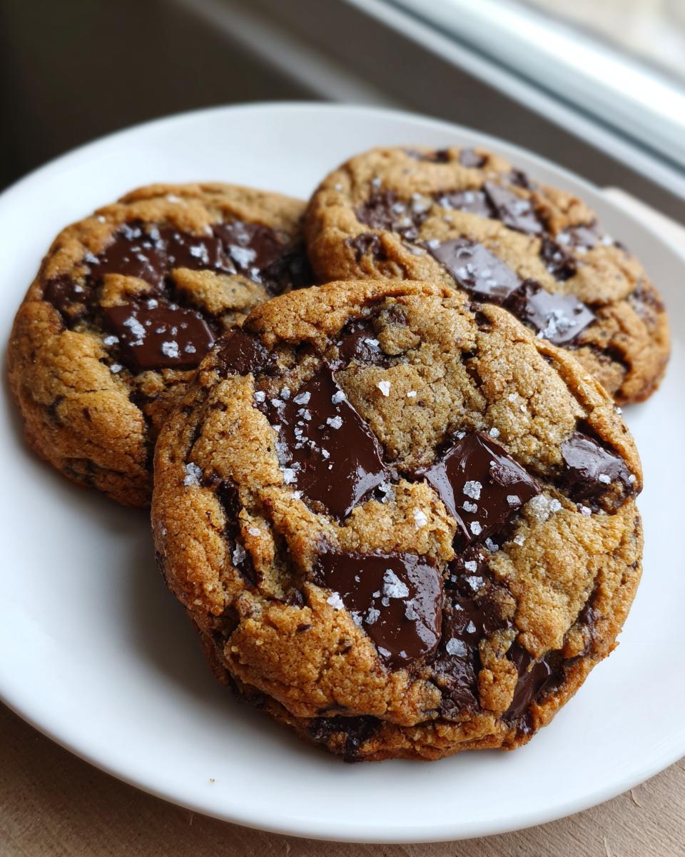 Three freshly baked brown butter chocolate chip cookies topped with flaky sea salt and melted chocolate chunks.