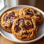 Three gooey brown butter chocolate chip cookies topped with melted chocolate and flaky sea salt.