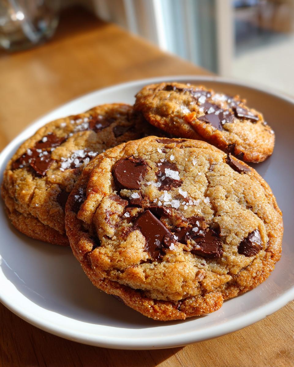 Close-up of three chewy brown butter chocolate chip cookies topped with flaky sea salt.