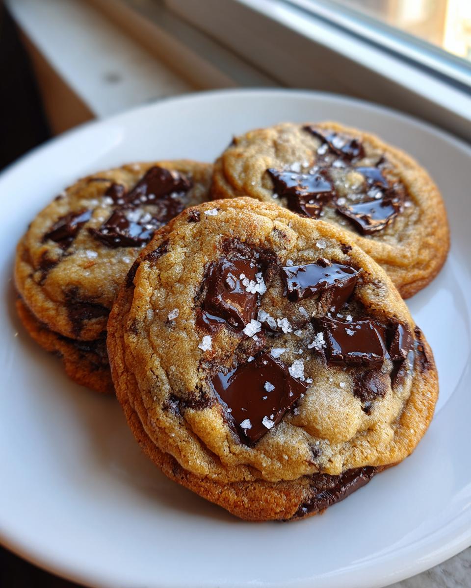 Three perfectly baked brown butter chocolate chip cookies topped with melted chocolate chunks and flaky sea salt.