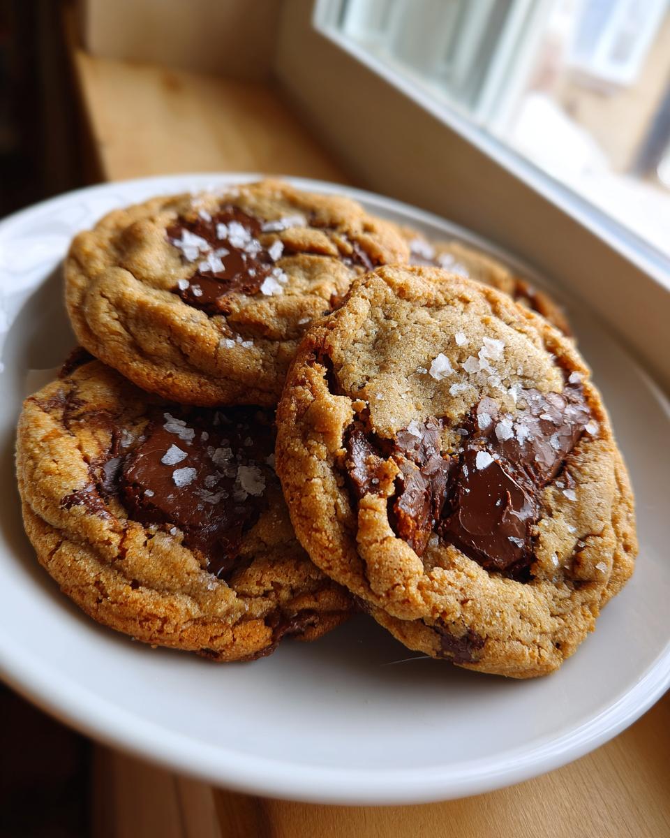 Close-up of three gooey brown butter chocolate chip cookies topped with flaky sea salt.