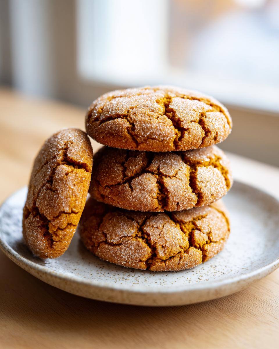 A stack of four rich, crinkled brown butter sugar cookies coated in granulated sugar.