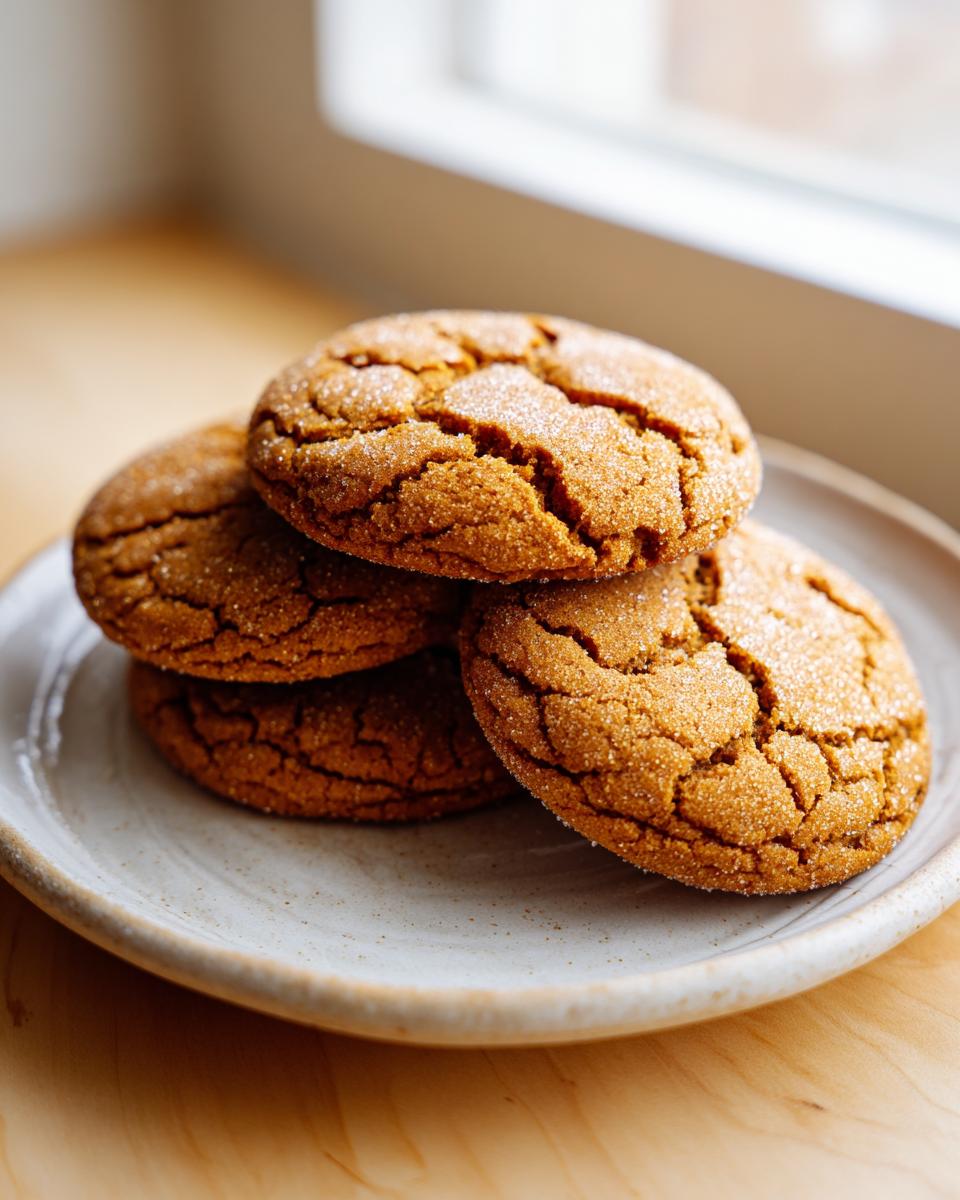 A stack of four crinkly, sugar-coated brown butter sugar cookies resting on a light ceramic plate near a window.