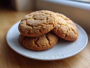 A stack of three golden brown butter sugar cookies, heavily coated in sparkling sugar, resting on a white plate.