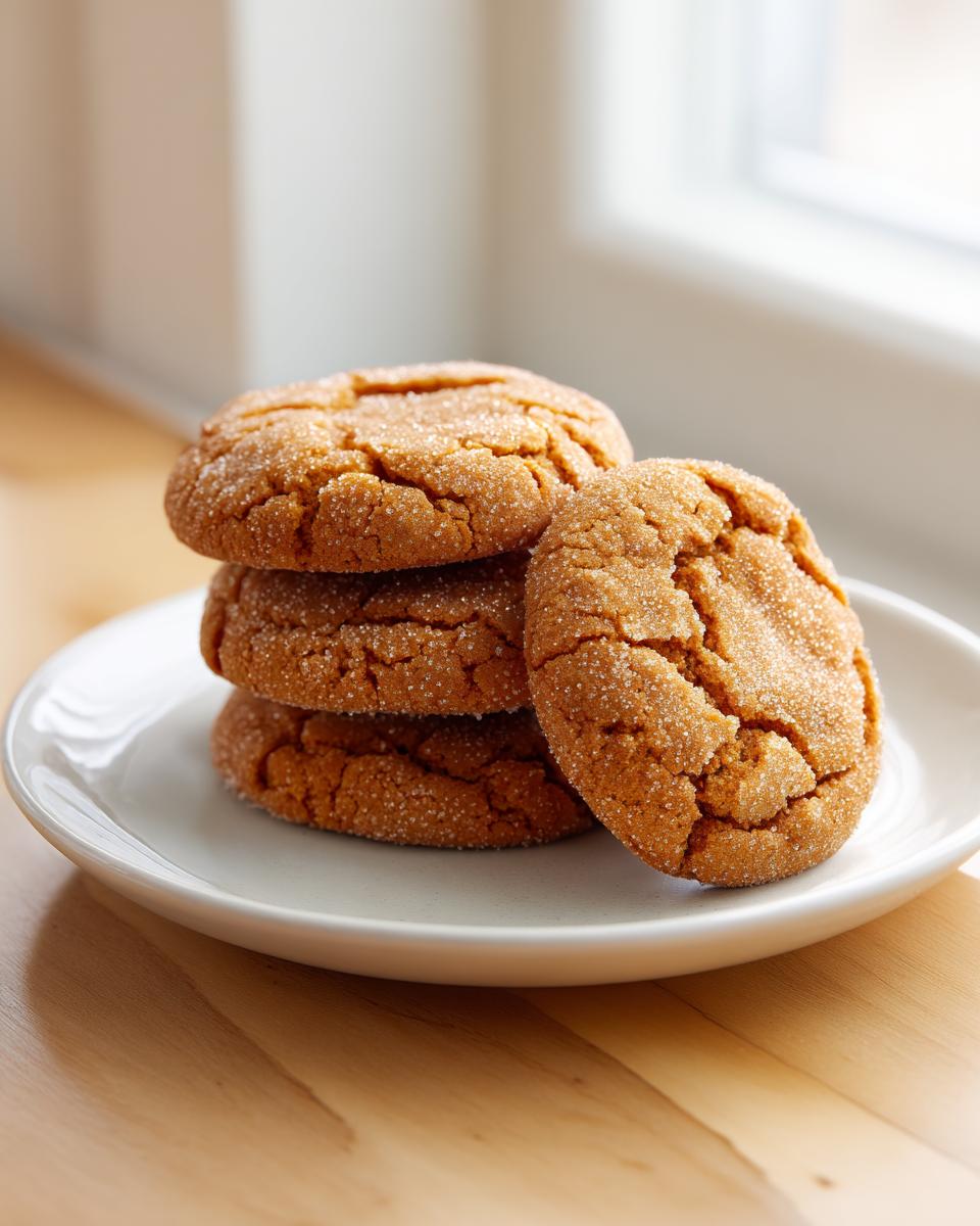 A stack of four crinkled brown butter sugar cookies, coated in sparkling sugar, resting on a white plate.