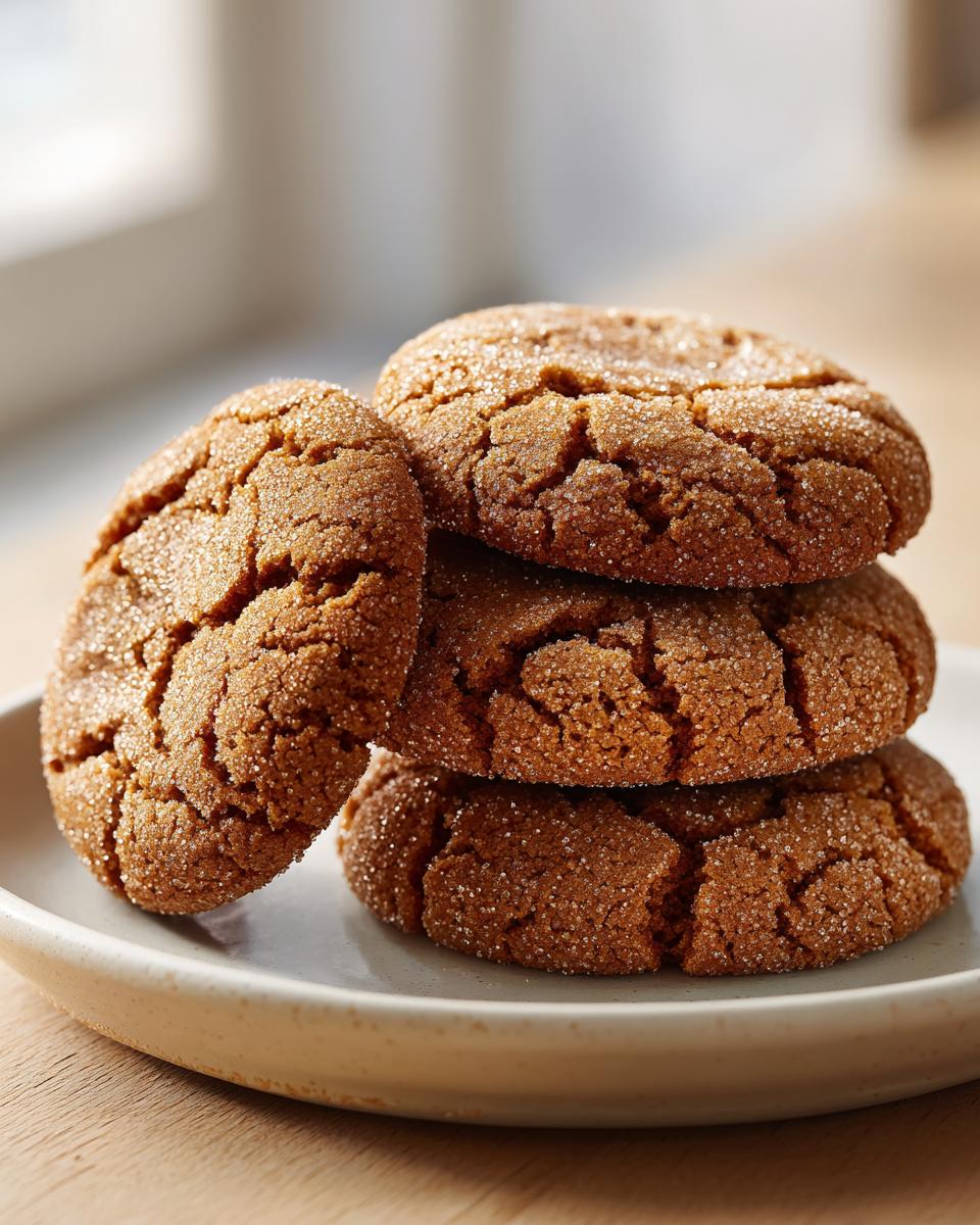 A stack of four rich, crinkled brown butter sugar cookies coated in sparkling sugar.