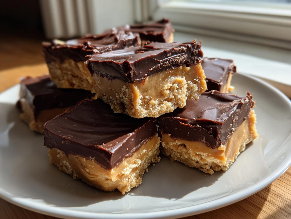 A stack of rich, layered buckeye fudge bars featuring a peanut butter base, creamy middle, and thick chocolate topping.