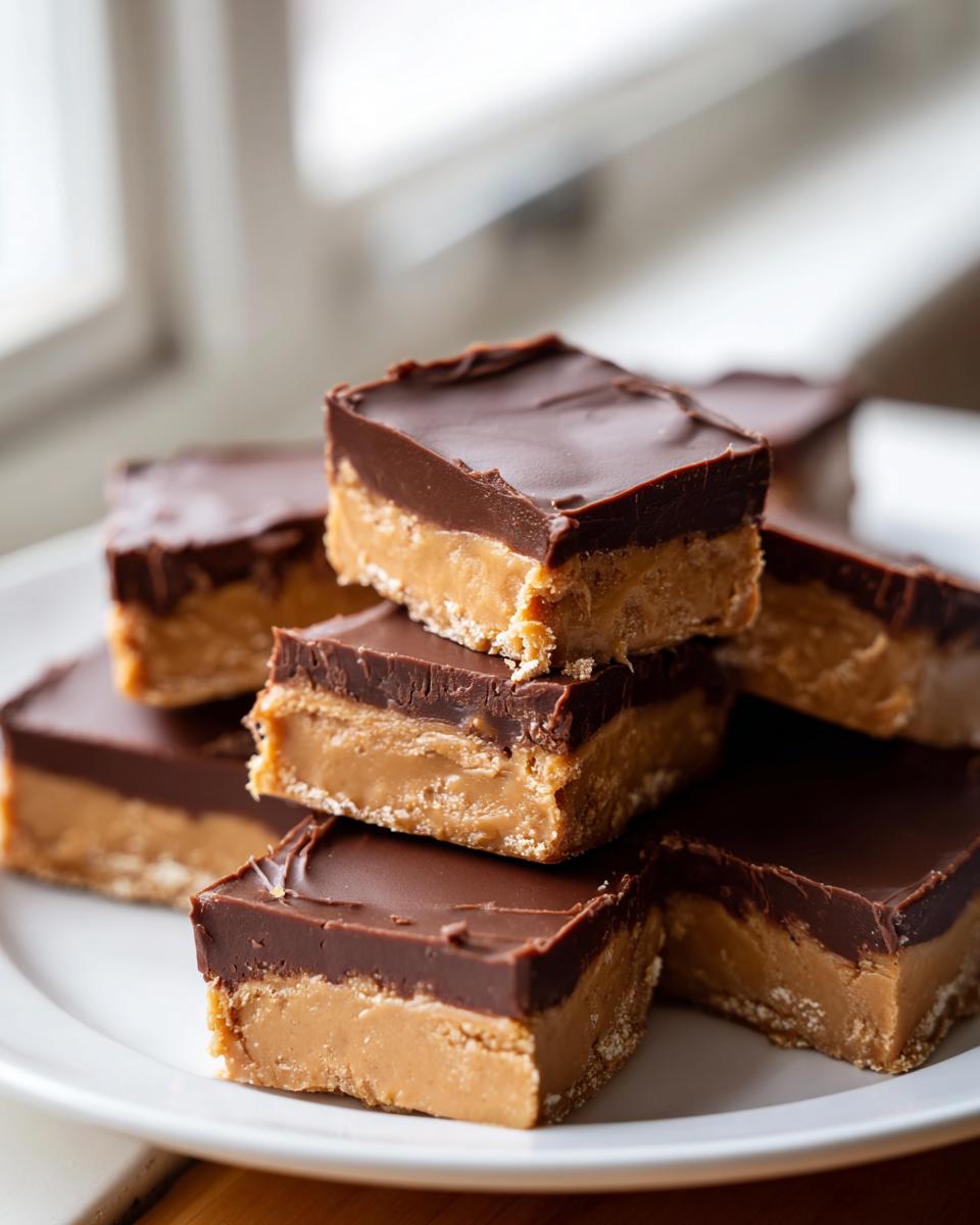 A stack of rich, layered buckeye fudge squares topped with smooth chocolate ganache.