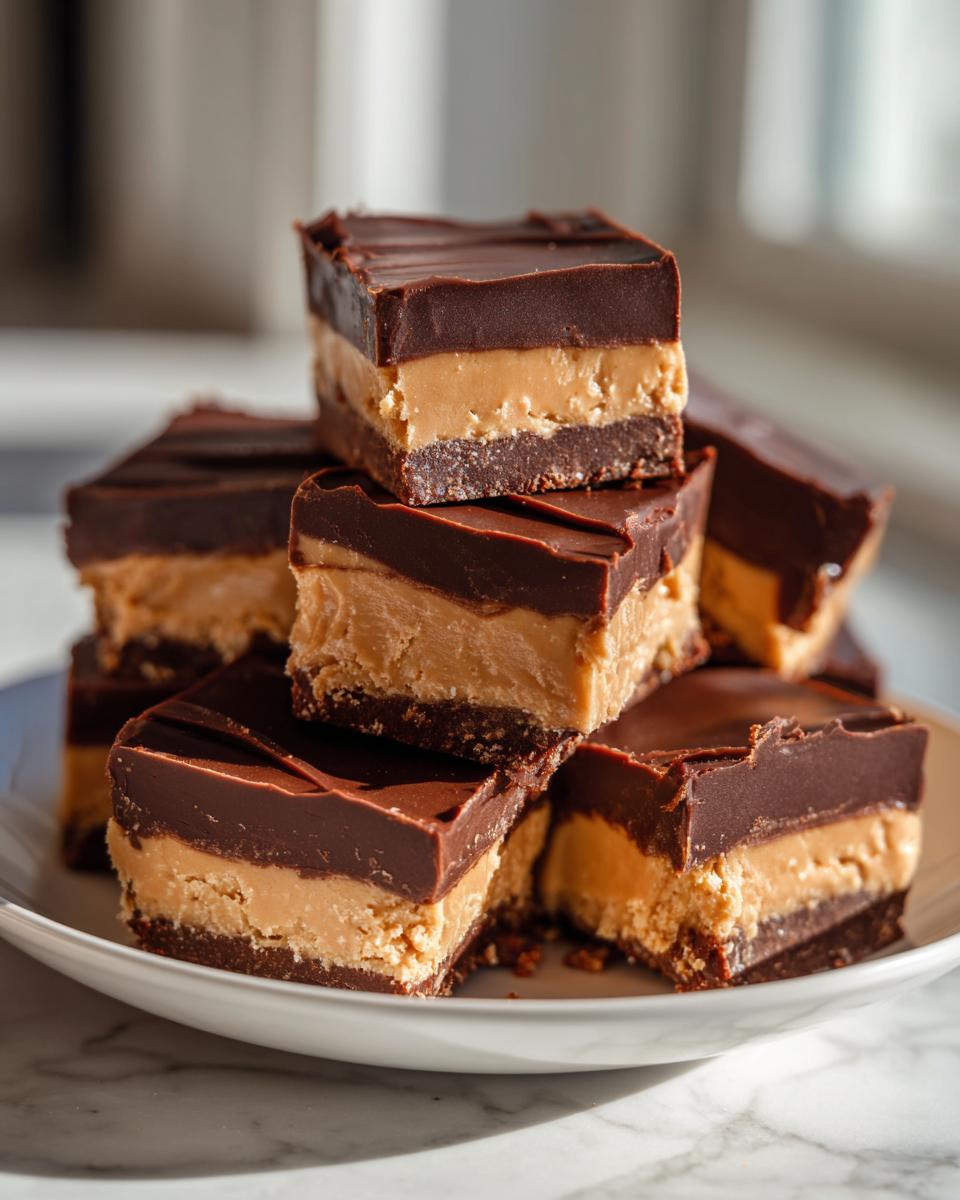 A stack of rich, layered buckeye fudge squares featuring a chocolate top, peanut butter center, and dark crust, served on a white plate.