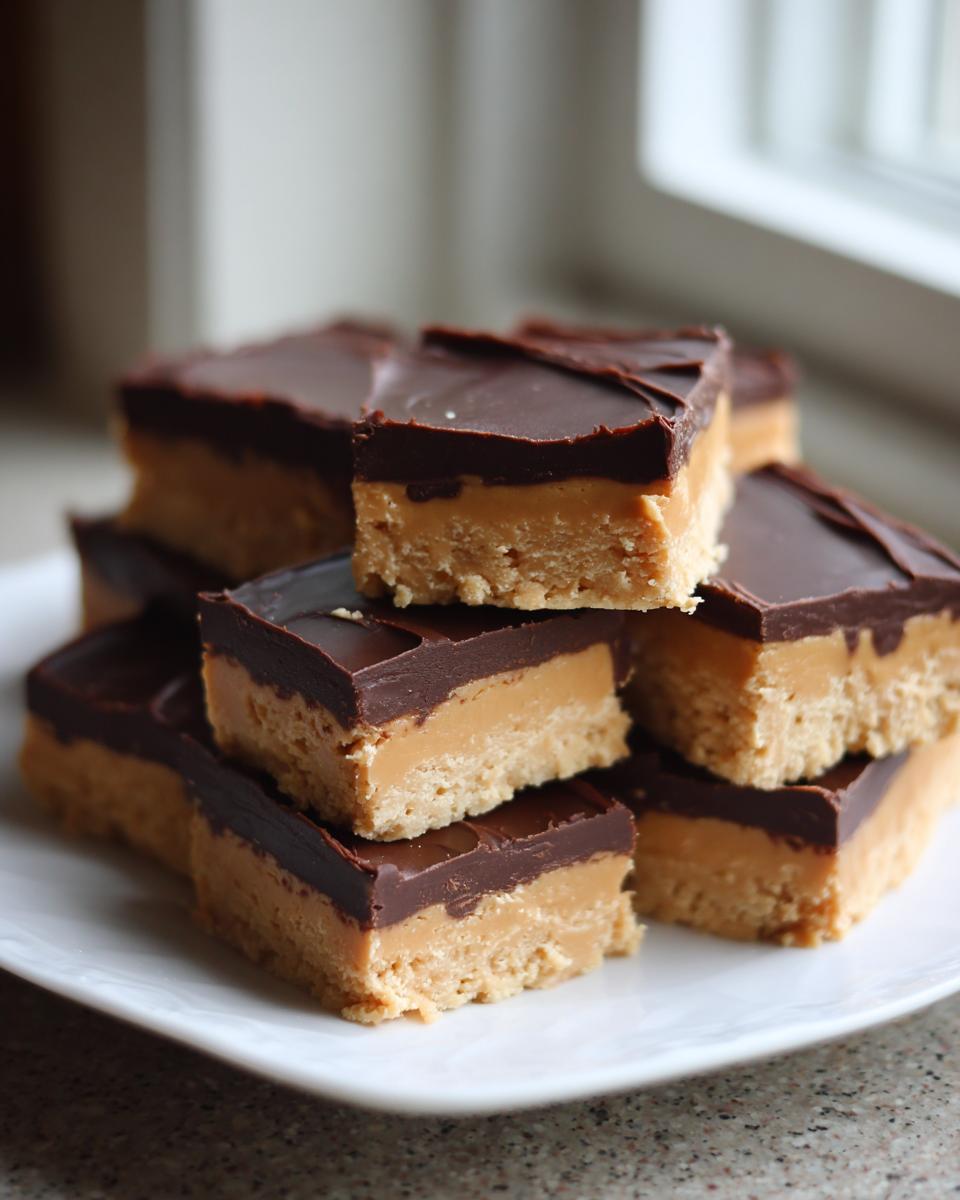 A stack of rich, two-layered buckeye fudge squares with a peanut butter base and chocolate topping on a white plate.