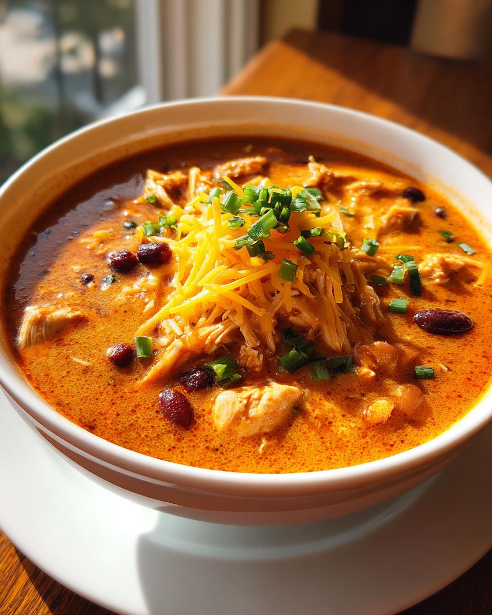 A close-up of a bowl of creamy buffalo chicken chili, topped with shredded cheddar cheese and chopped green onions.