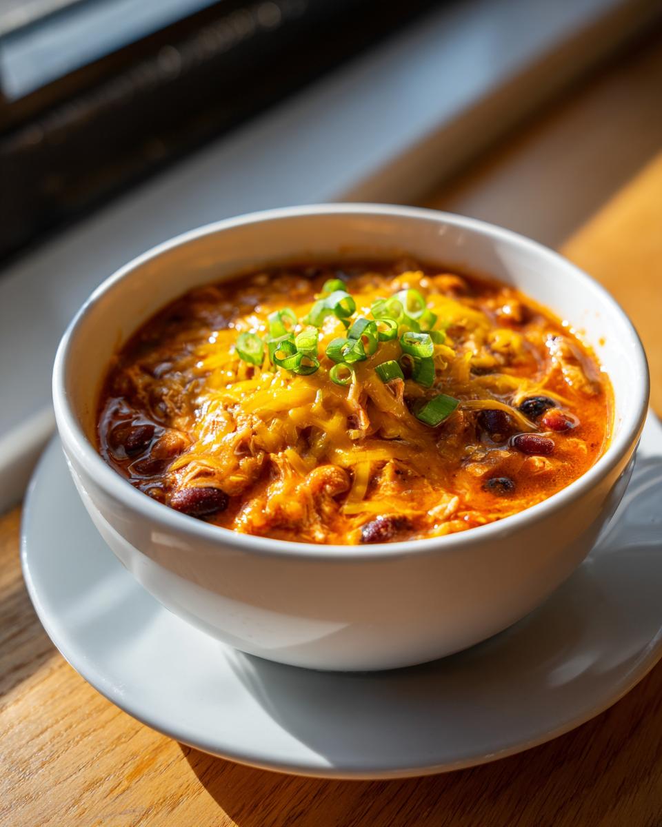Close-up of a steaming bowl of buffalo chicken chili topped with melted cheddar cheese and green onions.