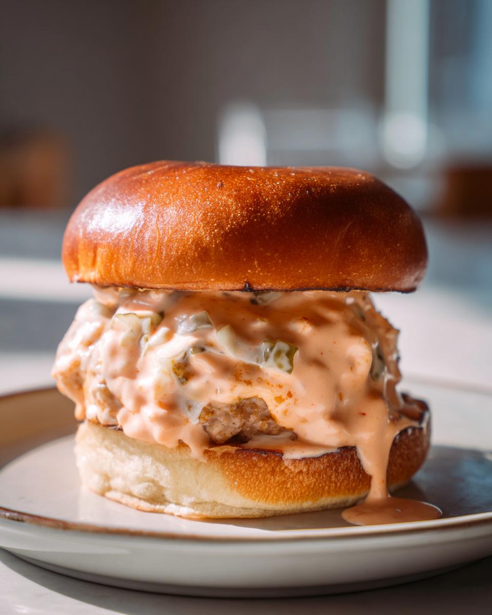 Close-up of a delicious burger generously topped with creamy, orange-hued burger sauce and pickle relish.