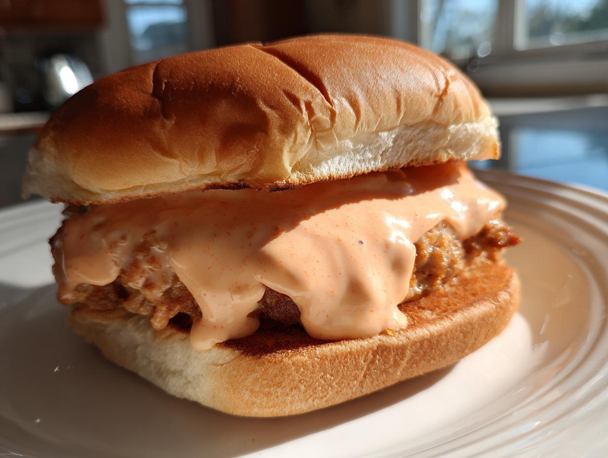 A juicy burger generously topped with creamy, orange-hued burger sauce, served on a white plate.