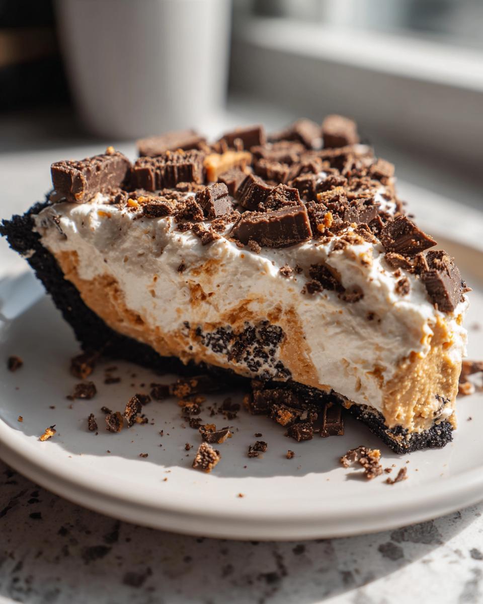 A close-up slice of rich butterfinger pie featuring a dark crust, peanut butter filling, whipped topping, and chopped candy.