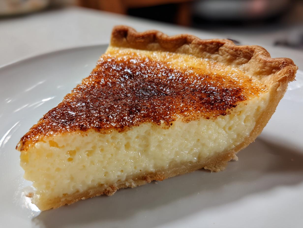 Close-up of a slice of creamy buttermilk pie showing the golden, caramelized top crust.