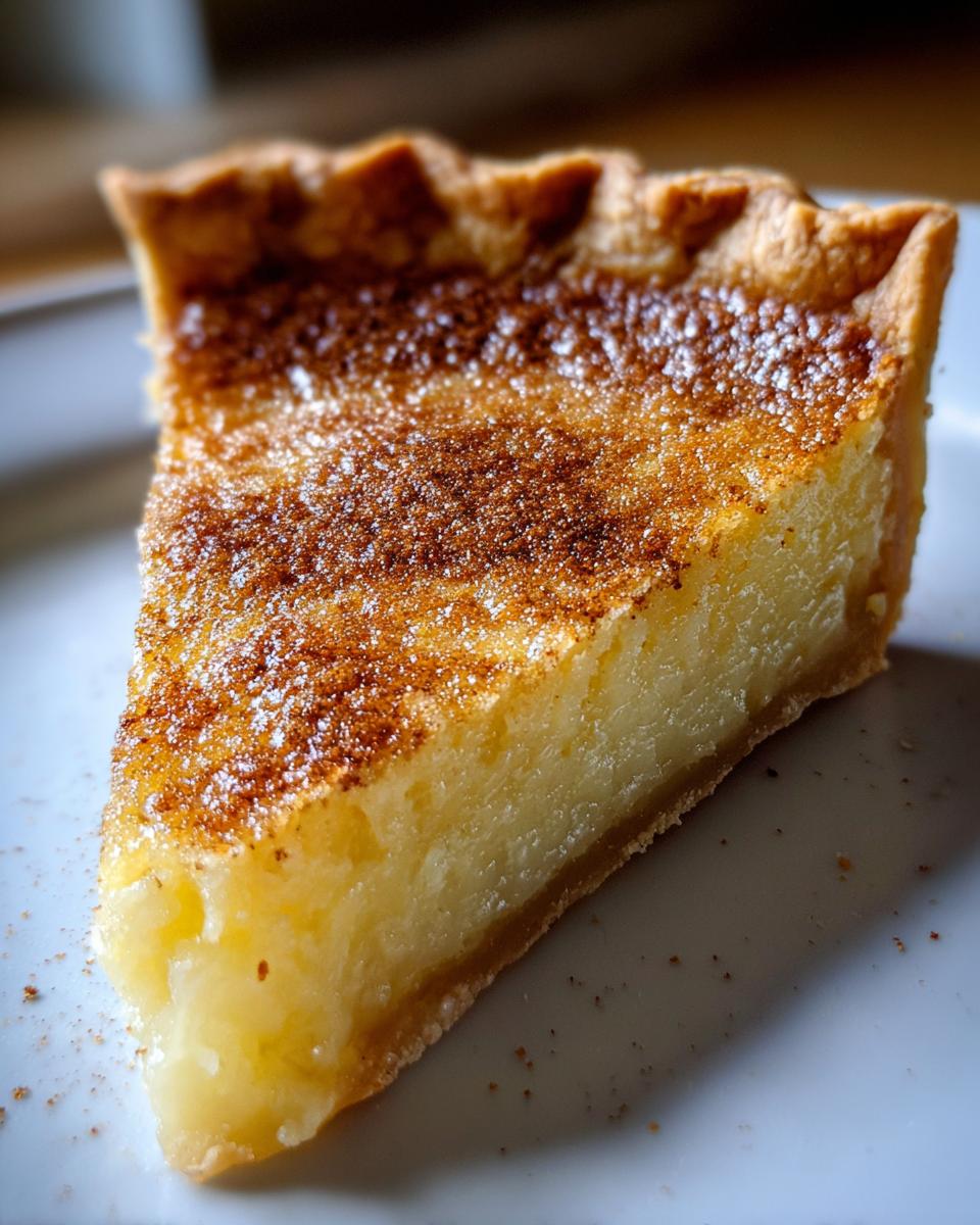 Close-up of a perfect slice of buttermilk pie with a golden, custardy filling and a dusting of cinnamon.