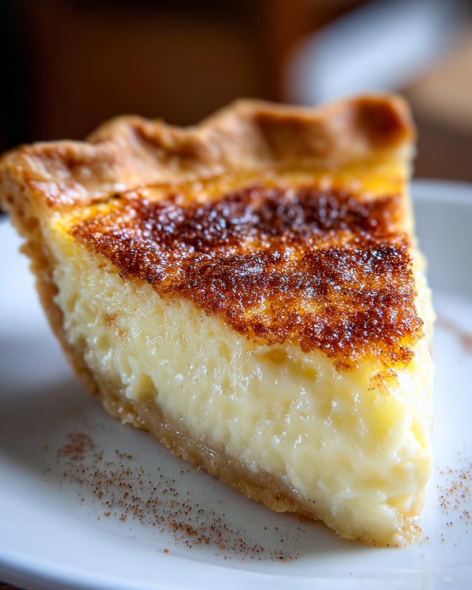 Close-up of a creamy slice of buttermilk pie with a deeply browned, caramelized top crust.