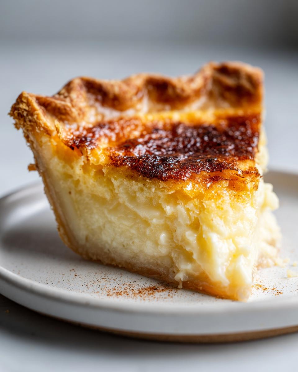 Close-up of a slice of creamy buttermilk pie with a golden, slightly caramelized top crust.