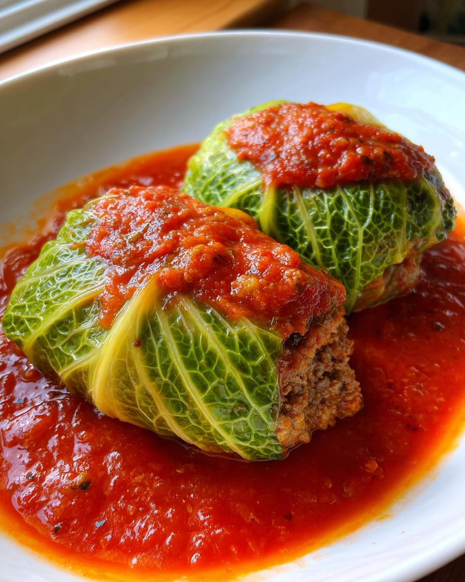 Close-up of two savory cabbage rolls stuffed with meat, covered in rich tomato sauce, served in a white bowl.
