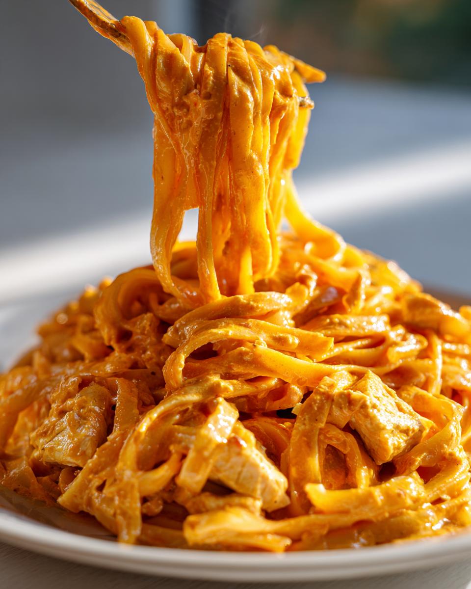A fork lifts steaming fettuccine noodles coated in creamy orange sauce from a plate of cajun chicken pasta.