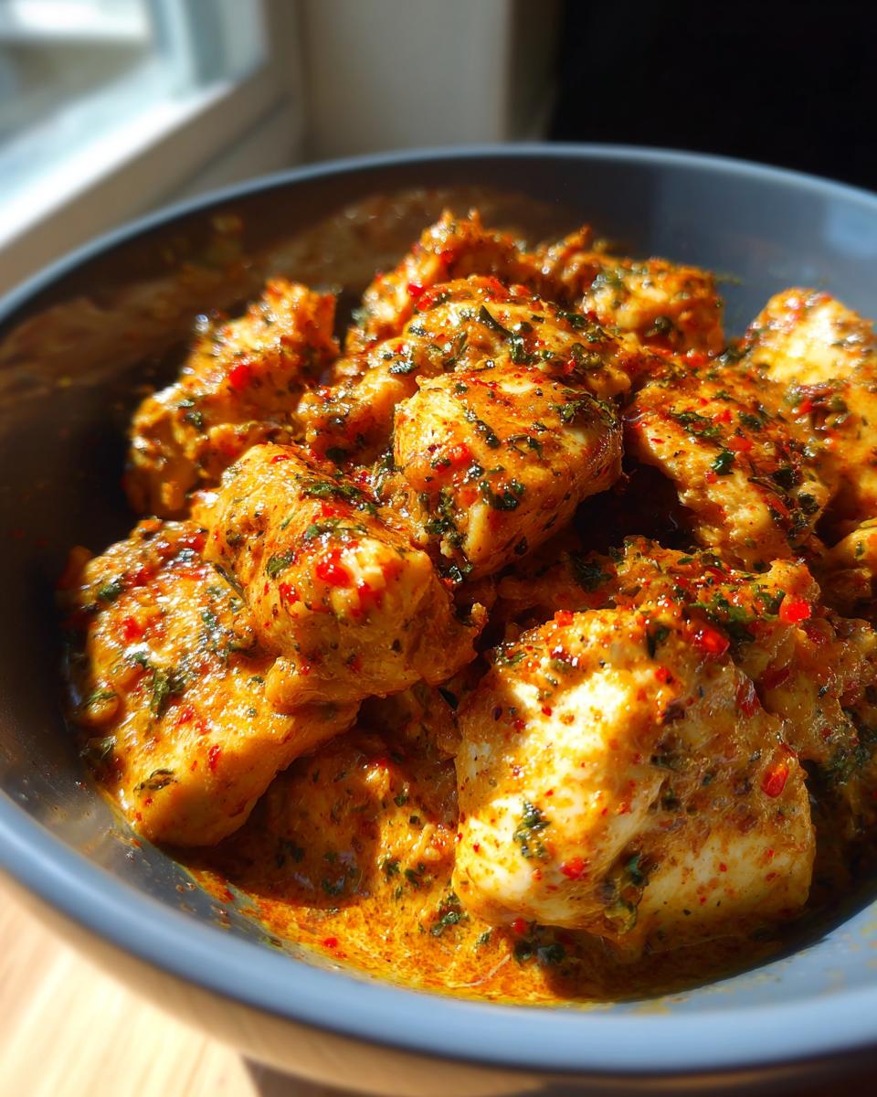 Close-up of juicy chunks of Cajun chicken coated in a rich, orange-hued sauce with visible red pepper flakes and green herbs.