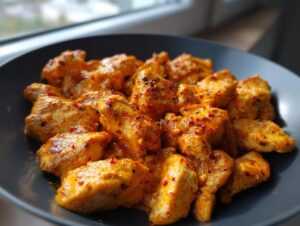 Close-up of bite-sized pieces of vibrant, saucy Cajun chicken in a dark bowl.