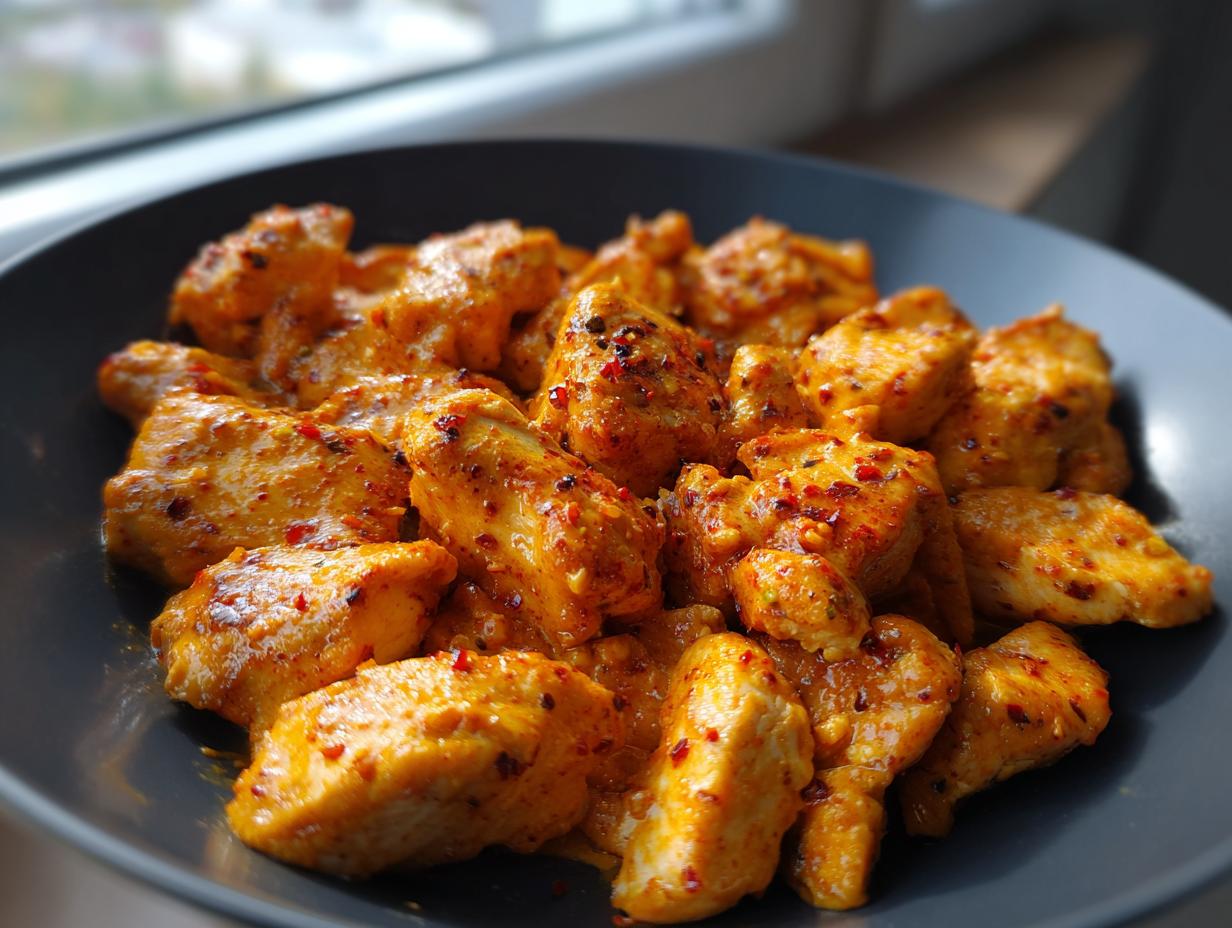 Close-up of bite-sized pieces of vibrant, saucy Cajun chicken in a dark bowl.