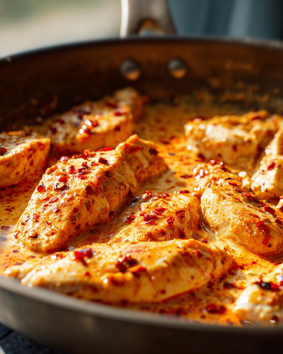 Close-up of several pieces of Cajun chicken simmering in a rich, orange-hued creamy sauce topped with red pepper flakes in a dark skillet.