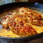 Close-up of seared cajun chicken breasts simmering in a creamy, orange-tinted sauce in a black skillet.