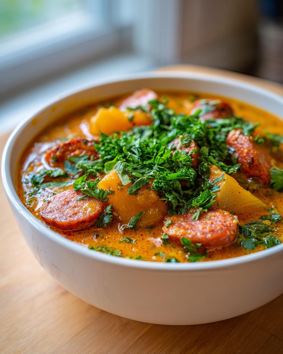 Close-up of a creamy, orange-hued bowl of cajun potato soup loaded with sliced sausage and fresh parsley.