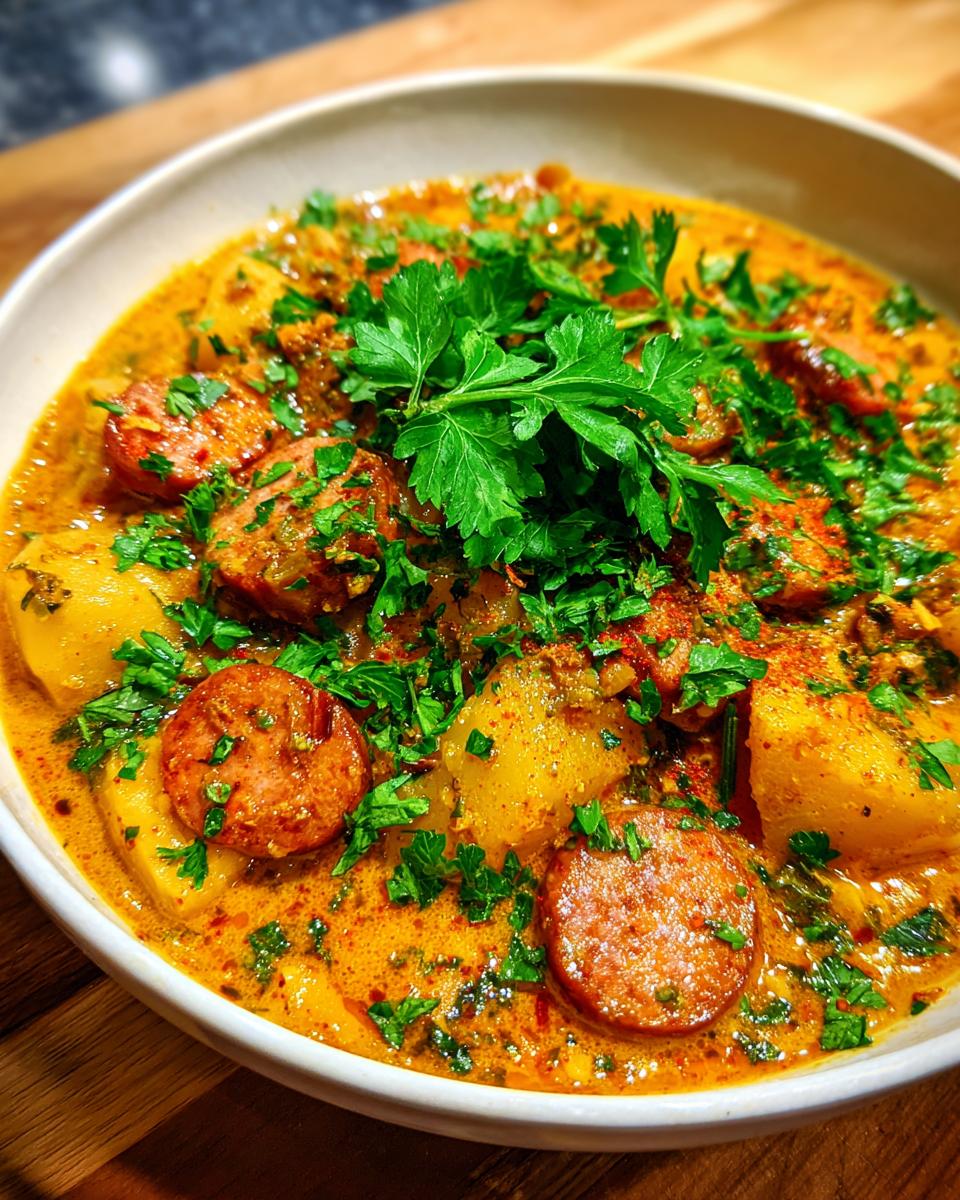 Close-up of a creamy, orange-hued bowl of cajun potato soup loaded with chunks of potato and sliced sausage, topped with fresh parsley.