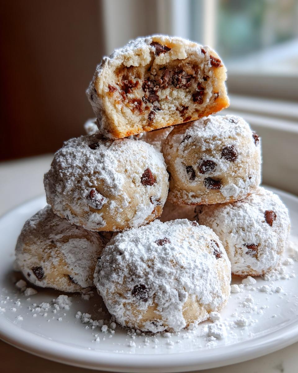 A stack of delicious cannoli cookies heavily dusted with powdered sugar, one cookie is cut open showing the chocolate chip filling.