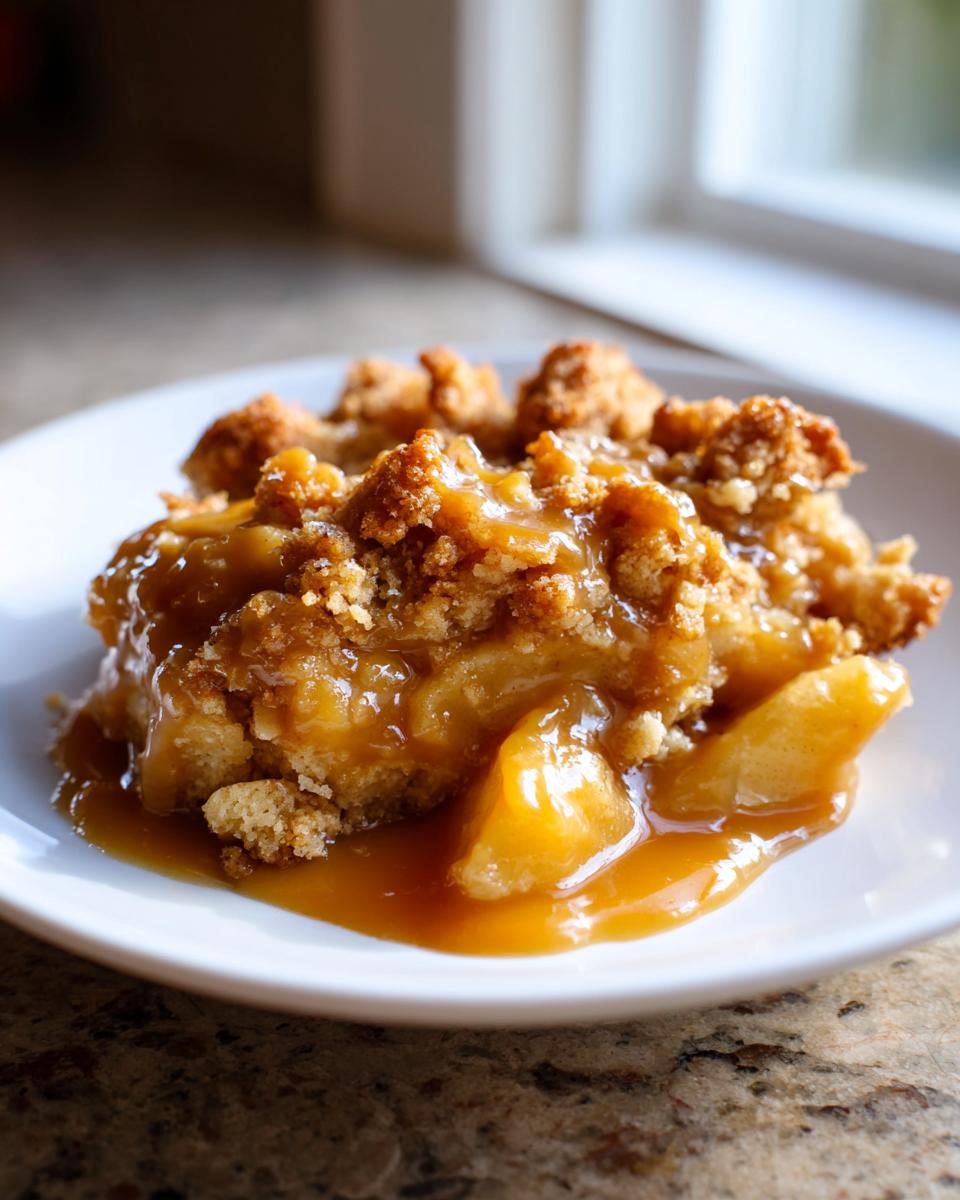Close-up of a serving of caramel apple dump cake, dripping with thick caramel sauce, on a white plate.