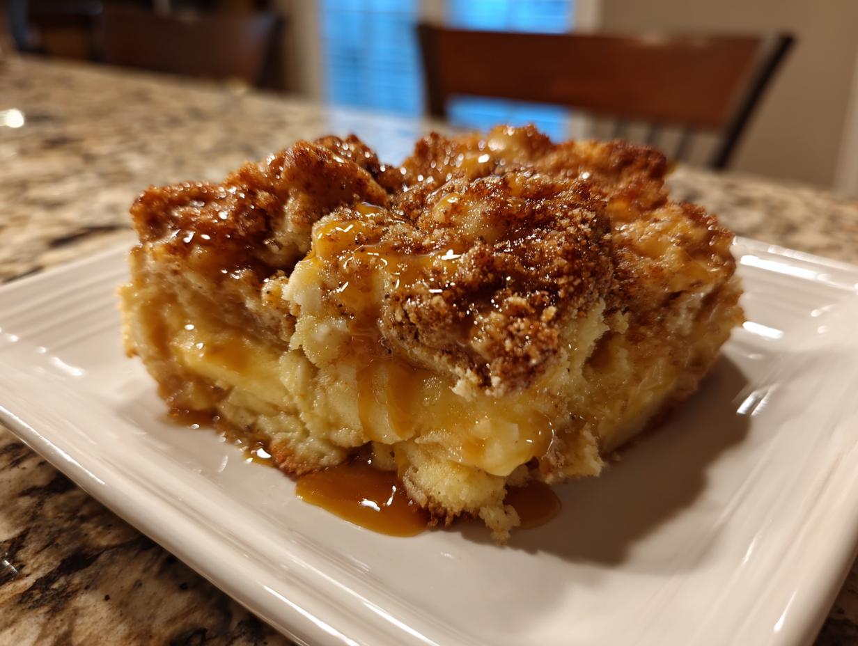 Close-up of a square serving of warm caramel apple dump cake drizzled with extra caramel sauce.