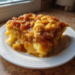 A close-up of a warm slice of caramel apple dump cake with a crumb topping and gooey caramel sauce.