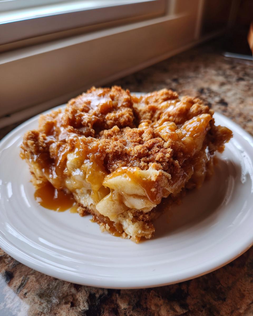 A close-up of a square slice of warm caramel apple dump cake topped with gooey caramel sauce on a white plate.