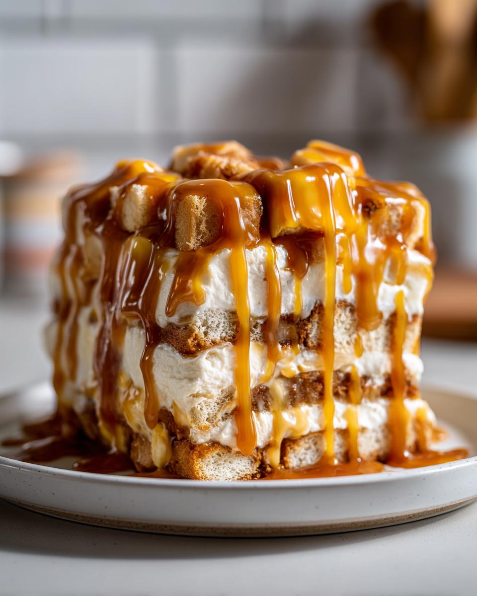 A tall, layered caramel apple trifle featuring sponge cake pieces, cream filling, and generous caramel sauce dripping down the sides.