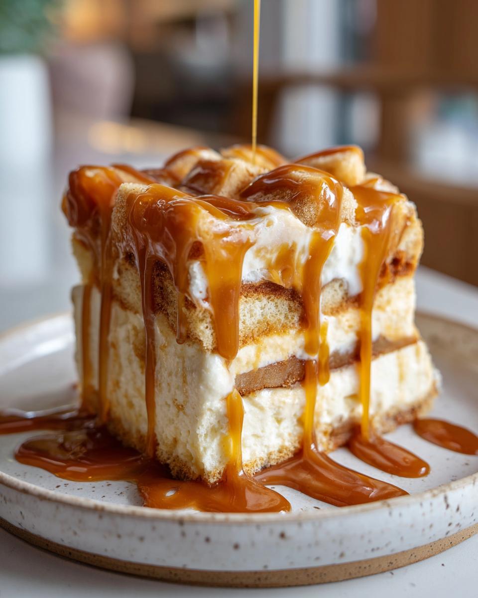 A decadent slice of caramel apple trifle layered with cream and ladyfingers, being generously drizzled with thick caramel sauce.