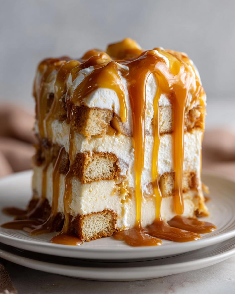 A tall slice of caramel apple trifle featuring layers of cake or ladyfingers, cream, and topped with a rich, dripping caramel sauce.
