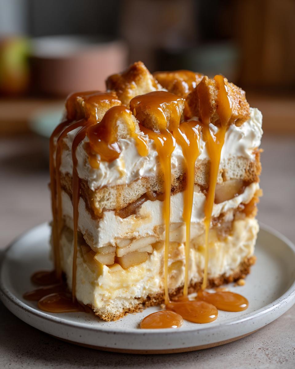 A tall, layered slice of caramel apple trifle topped with whipped cream and rich caramel sauce dripping down the sides.
