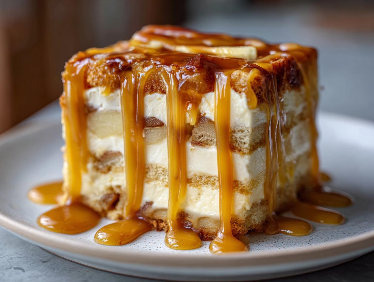 Close-up of a layered caramel apple trifle slice generously covered in dripping caramel sauce on a white plate.
