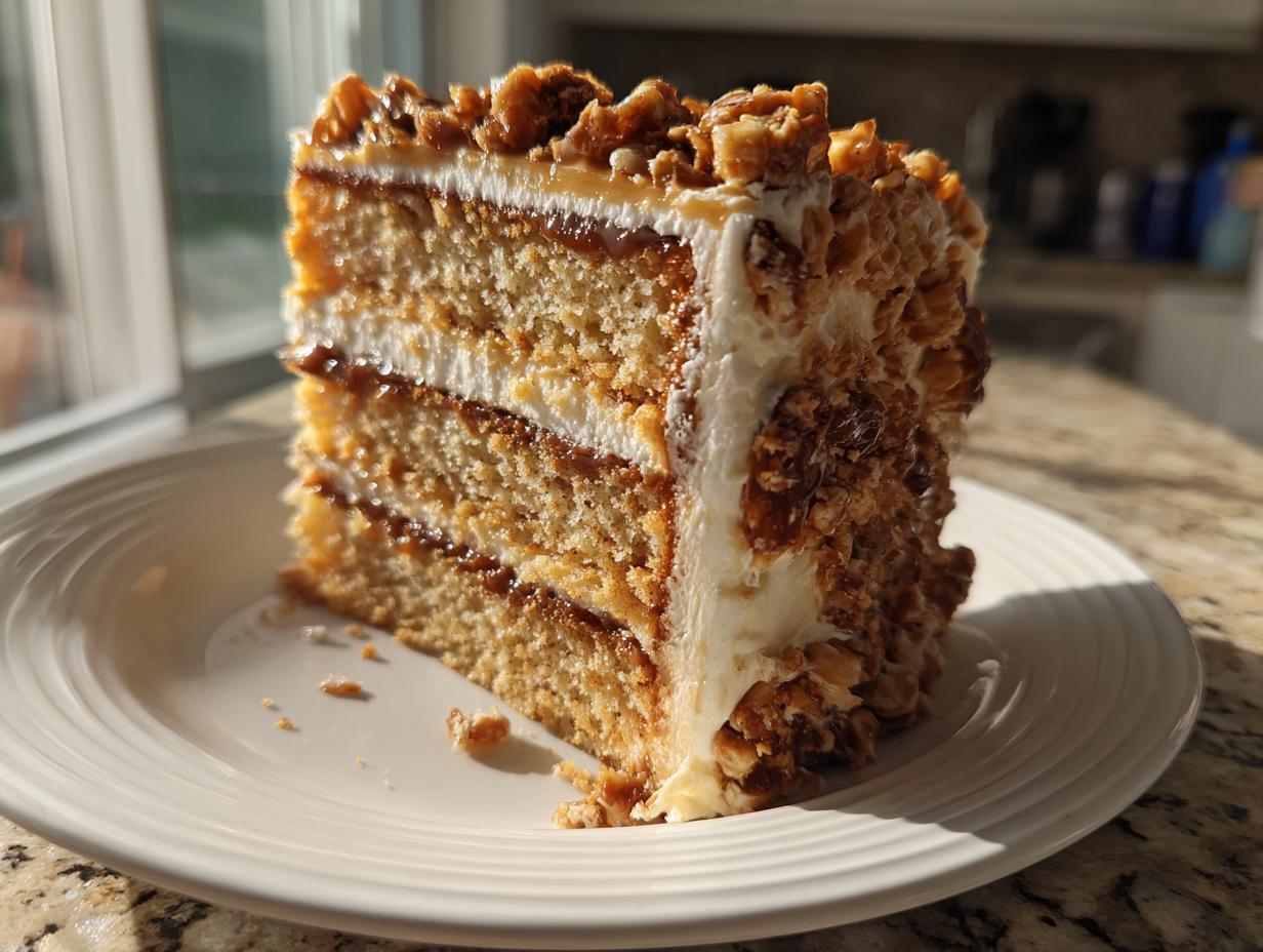 A close-up slice of caramel crunch cake showing multiple layers of cake, caramel filling, and white frosting covered in crunchy topping.