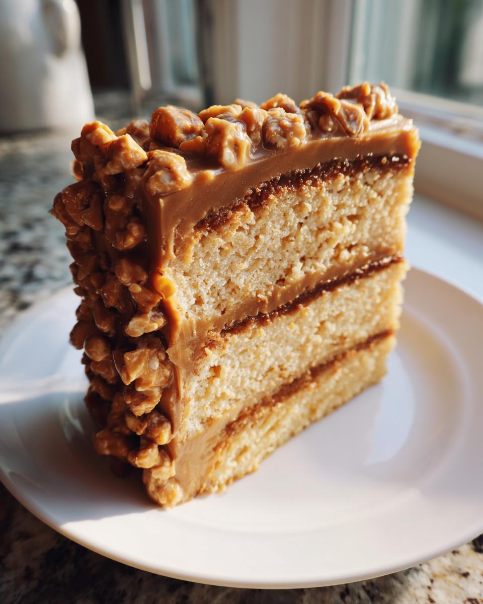 A tall slice of caramel crunch cake showing multiple layers of light cake and caramel filling, topped with crunchy nuts.