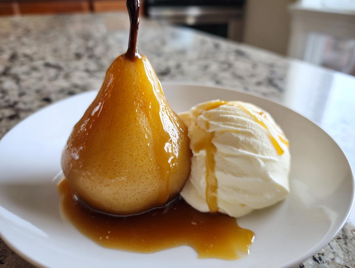 A single, glistening poached pears served with a scoop of vanilla ice cream and caramel sauce.
