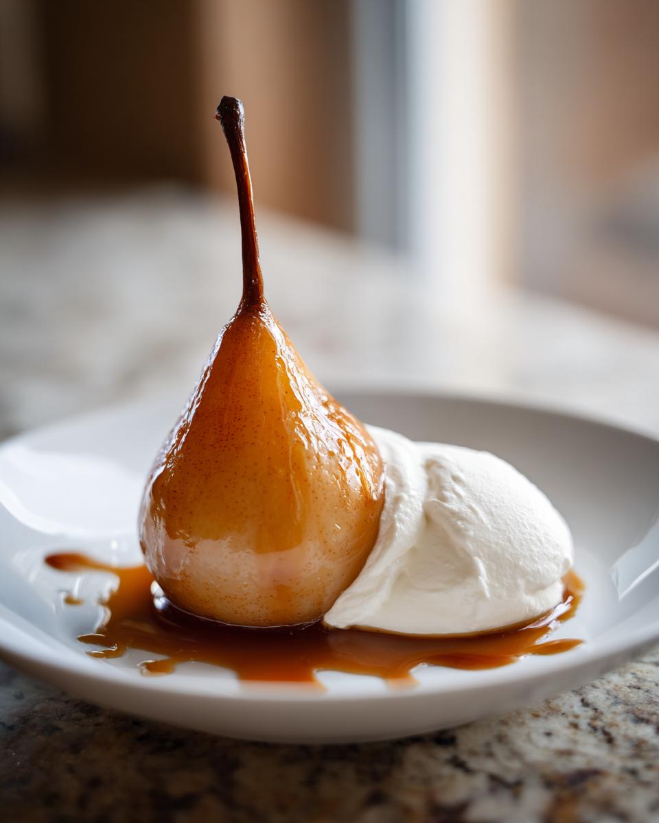 A beautifully caramelized poached pears served whole on a white plate next to a dollop of whipped cream.